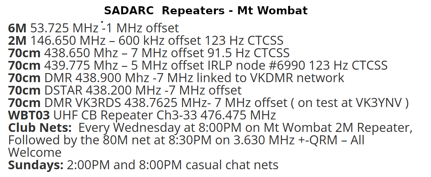 Shepparton and district amateur radio club VK3RGV (Repeater Goulburn Valley) Club's repeaters are operational on: 6M 53.725 Mhz, 2M 146.650 MHz, 70cm 439.775 MHz, & D-STAR VK3RGV B 438.200 Mhz with -5.4 offset.